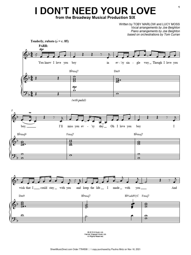 I Dont Need Your Love From Six The Musical Download Free PDF