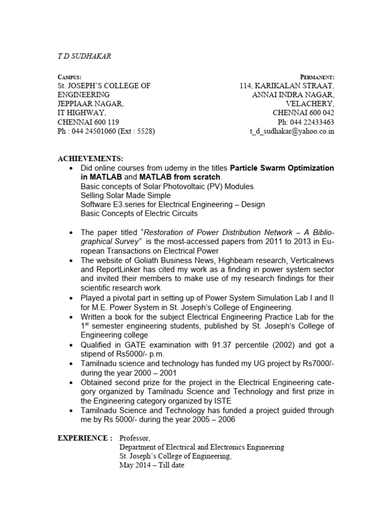 T D Sudhakar Resume 2016 | PDF | Power Inverter | Photovoltaic System