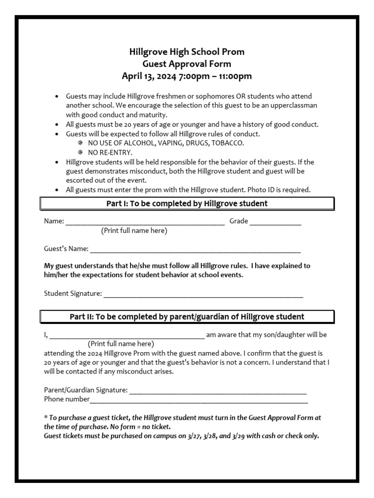 Hillgrove Prom 2024 Guest Approval Form | PDF