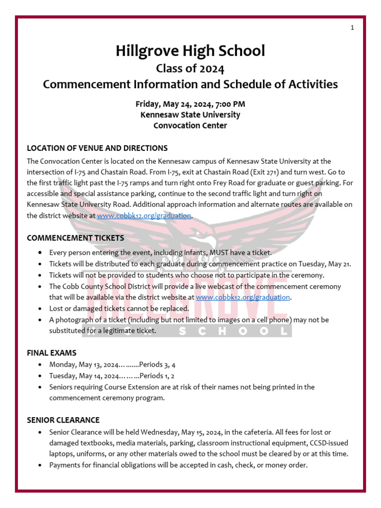 Hillgrove Commencement Information and Schedule of Activities 2024