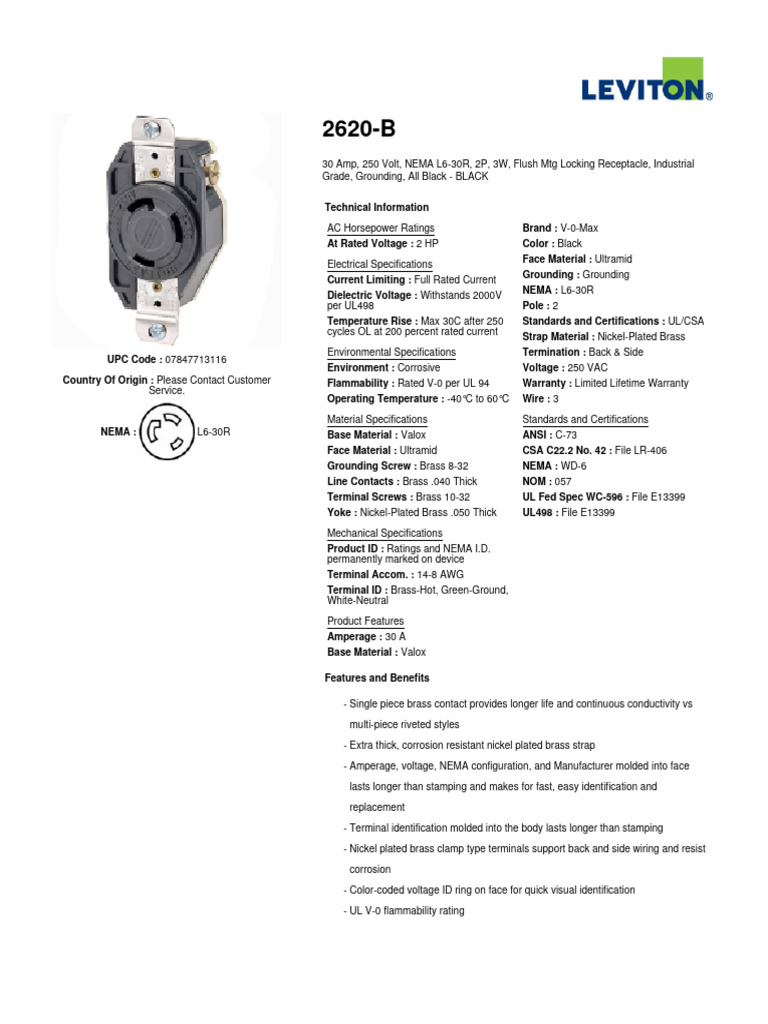 NEMA L6-30R Locking Receptacle Specs | PDF | Alternating Current ...