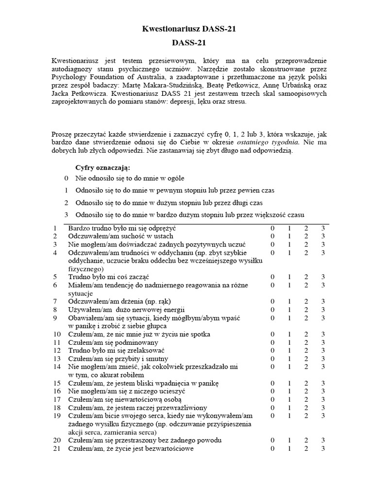 Kwestionariusz DASS 21 | PDF