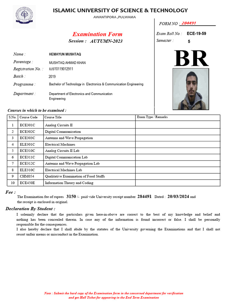 Examination Form for B.Tech ECE Students | PDF | Electronic Engineering