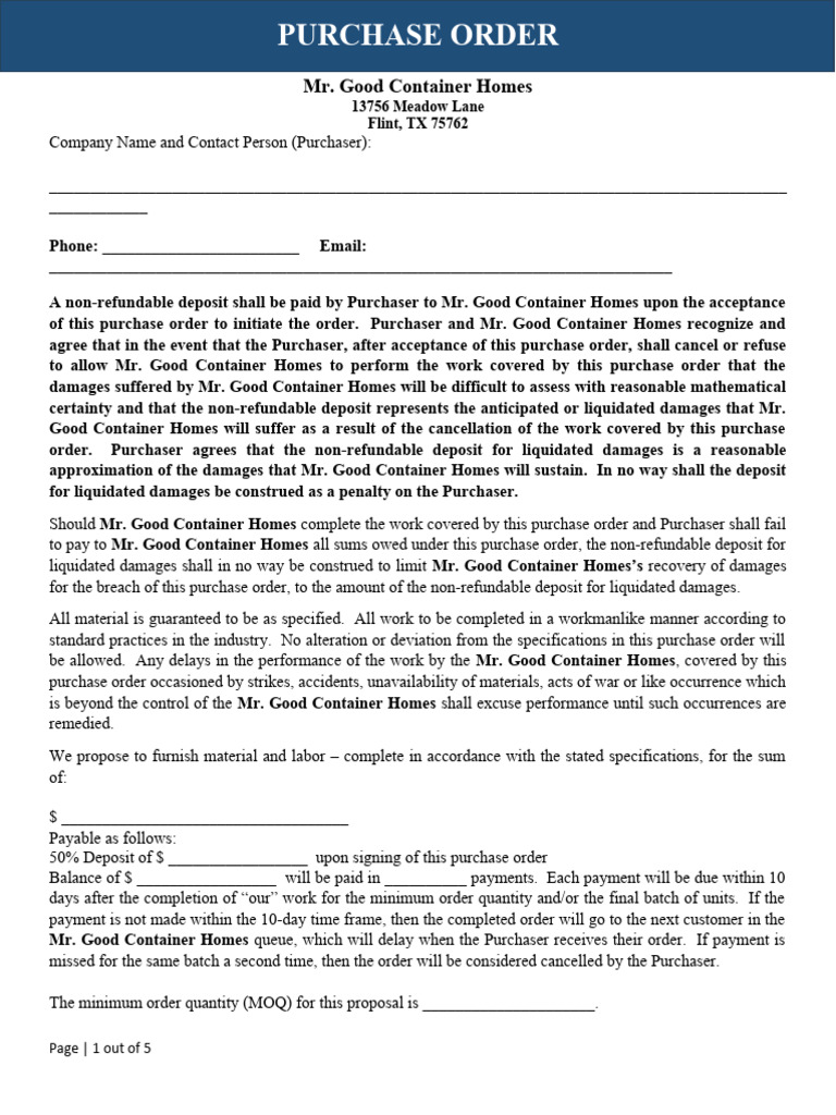 Purchase Order Template PDF Liquidated Damages Damages