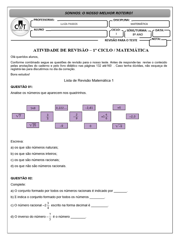 Revisão de Matemática - 1º Ano | PDF | Número racional | Matemática
