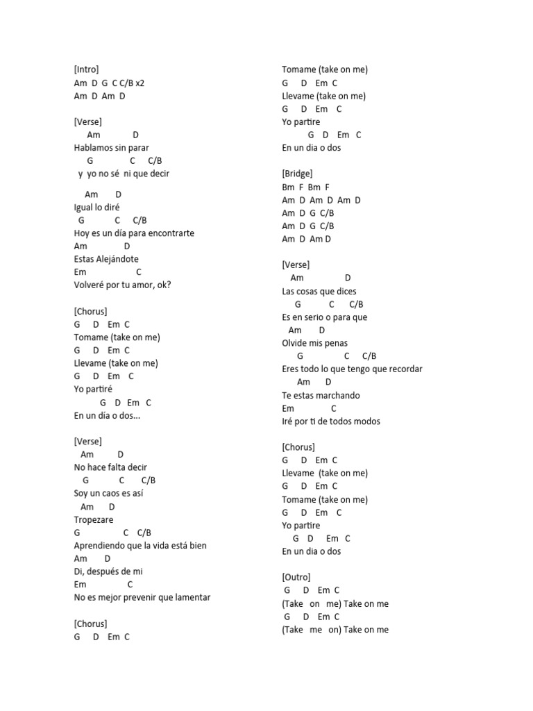 Take me on espanol pdf m sica grabada