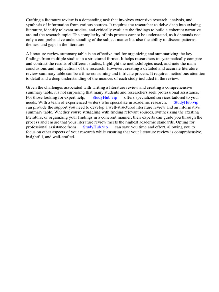 Literature Review Summary Table