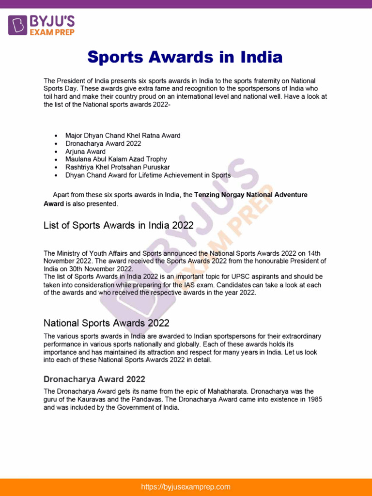 Sports Awards in India Upsc Notes 36 Download Free PDF Sports Awards