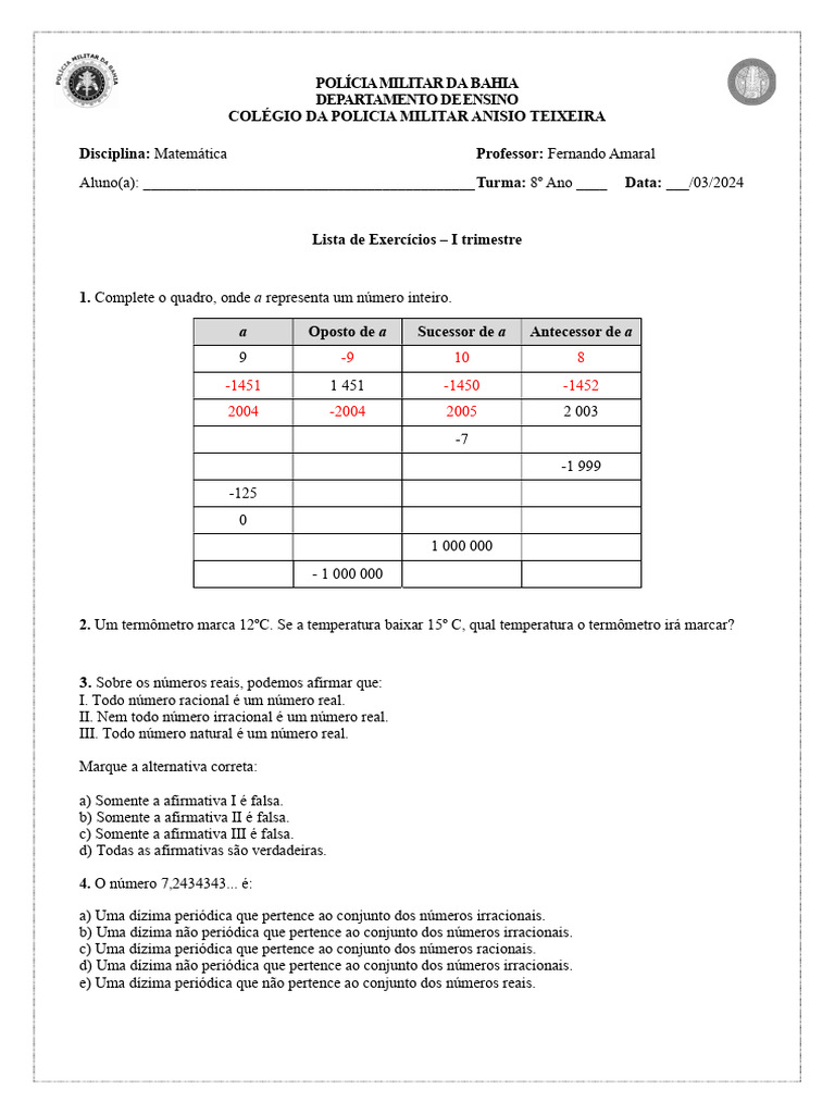 Lista De Exercícios 8ºano Pdf Número Real Número Racional