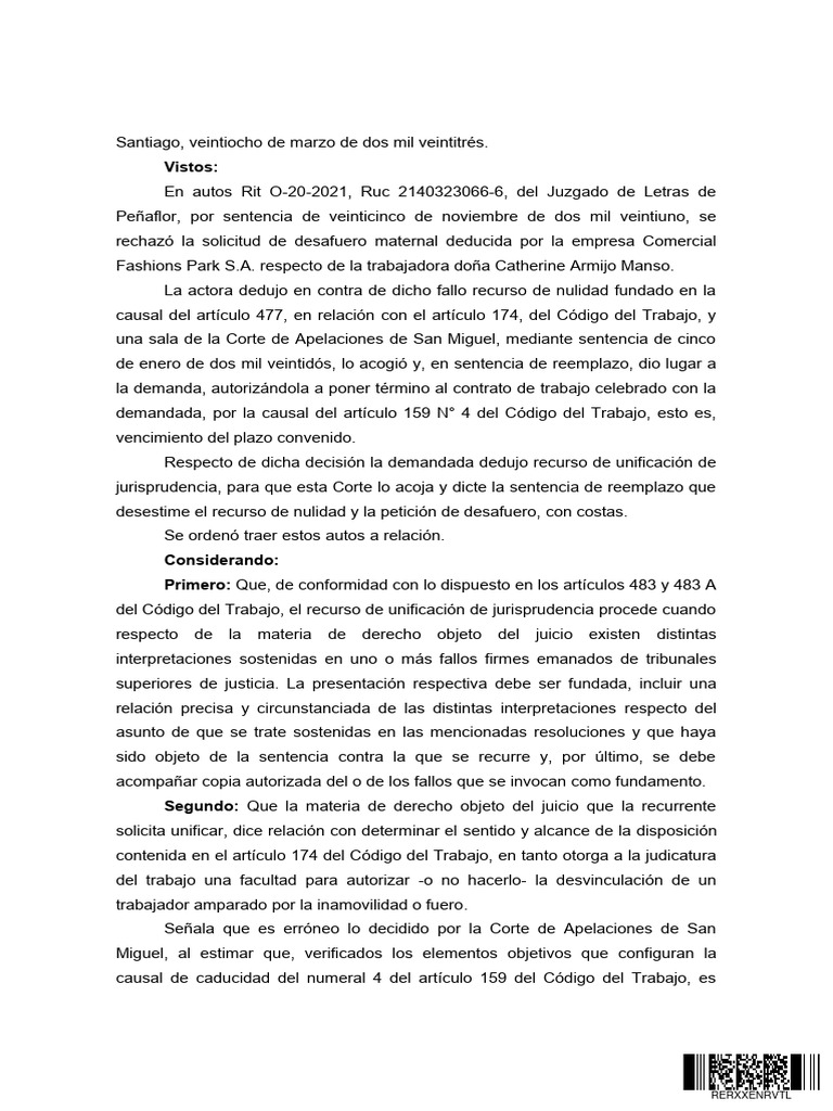 Desafuero maternal en contrato laboral | PDF | Caso de ley | Sentencia ...
