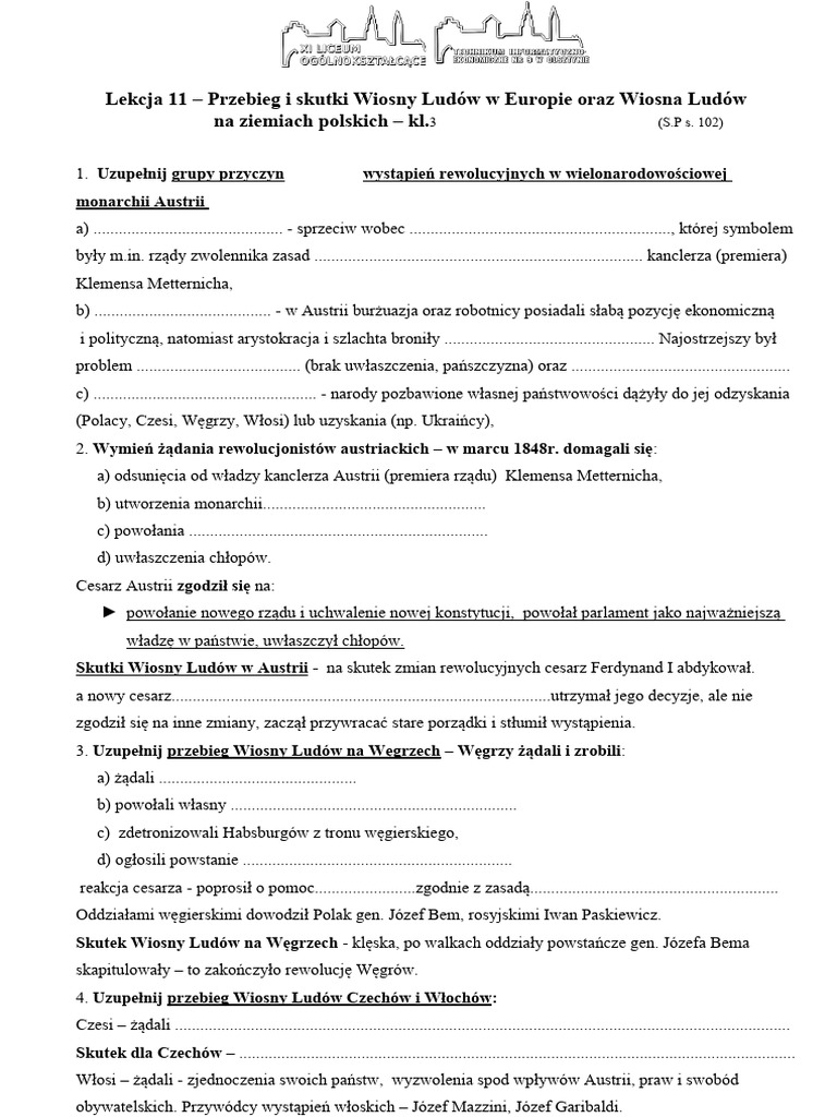 Orientacje Polityczne Na Ziemiach Polskich W Czasie I Wojny światowej Lekcja 11 - Przebieg I Skutki Wiosny Ludów W Europie Oraz Wiosna Ludów
