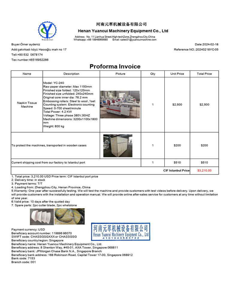 Proforma Invoice for Napkin Tissue Machine | PDF