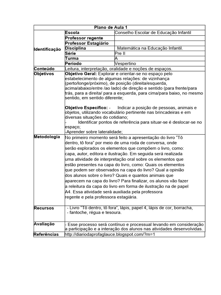 Plano de Aula PEDAGOGIA | Download grátis PDF | Livros | Lição