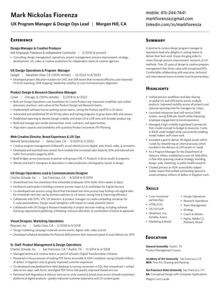 MarkFiorenzaResume2024UXPgmDesignOps PDF Customer Experience