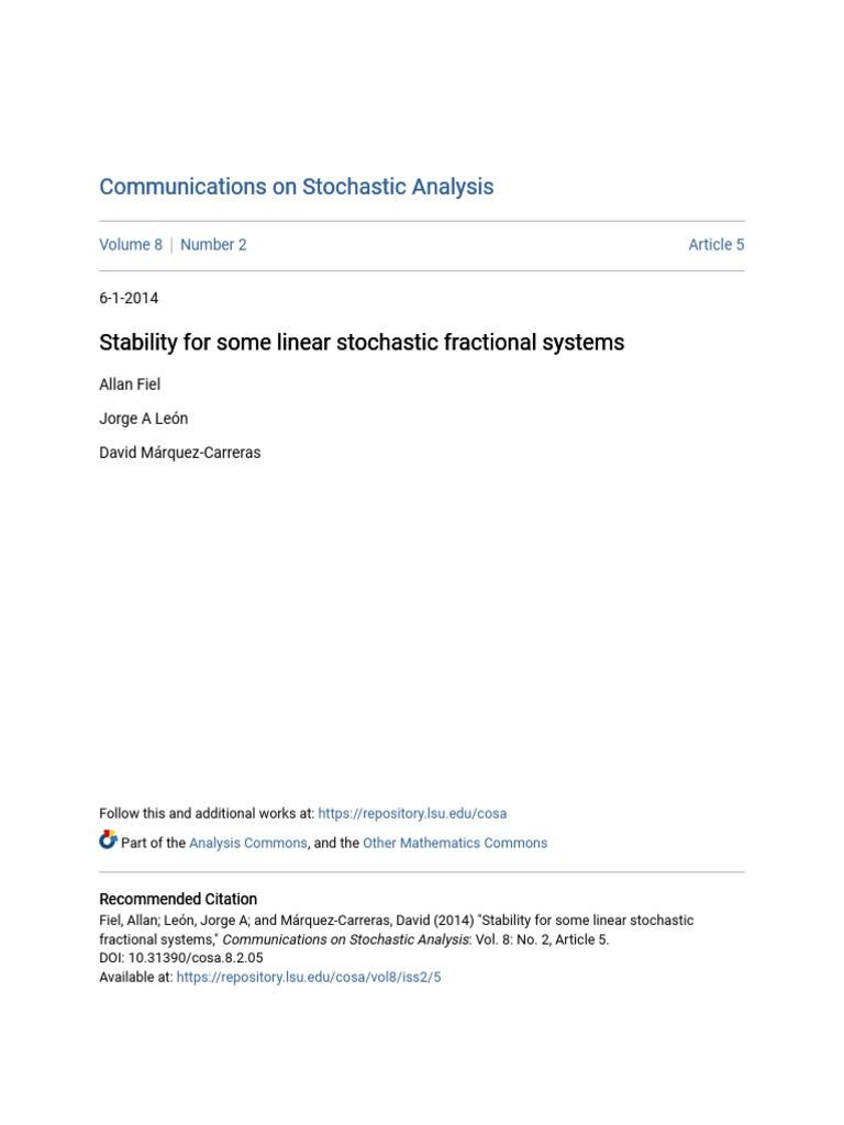 Stability For Some Linear Stochastic Fractional Systems | PDF ...