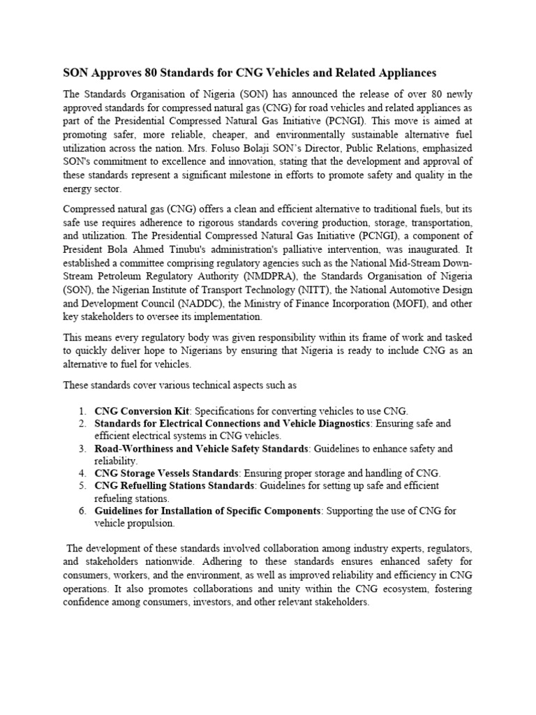 SON Releases CNG Safety Standards | PDF | Vehicles | Economies