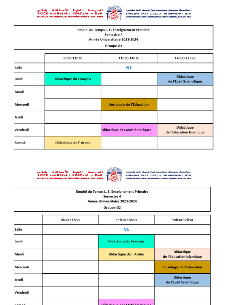 Emploi du Temps Enseignement Primaire 2024 | PDF | Modification du ...
