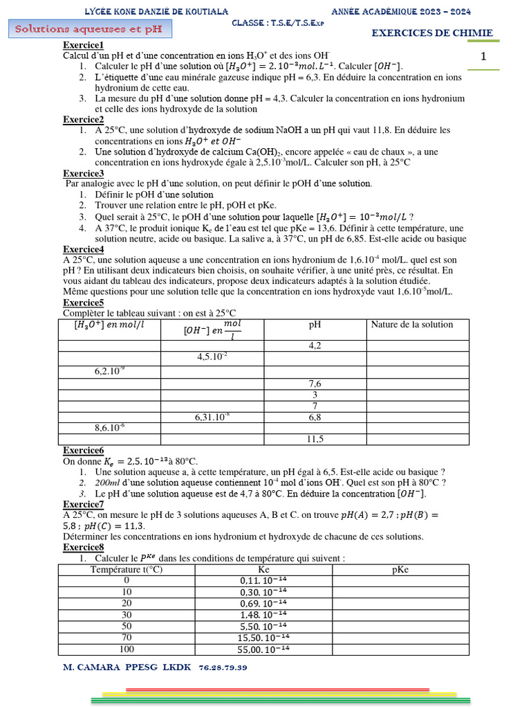 Calculs de pH et concentrations en ions | PDF | Ph | Acide chlorhydrique