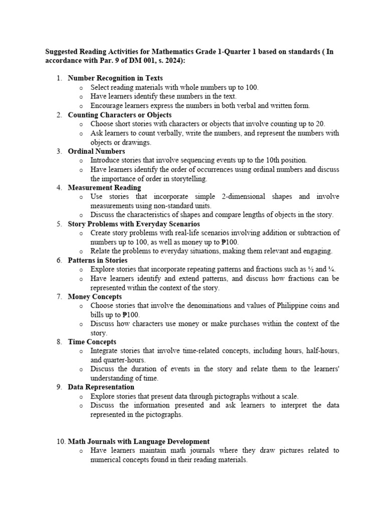 Suggested Integration Activities For Mathematics Grade 1 Based On ...