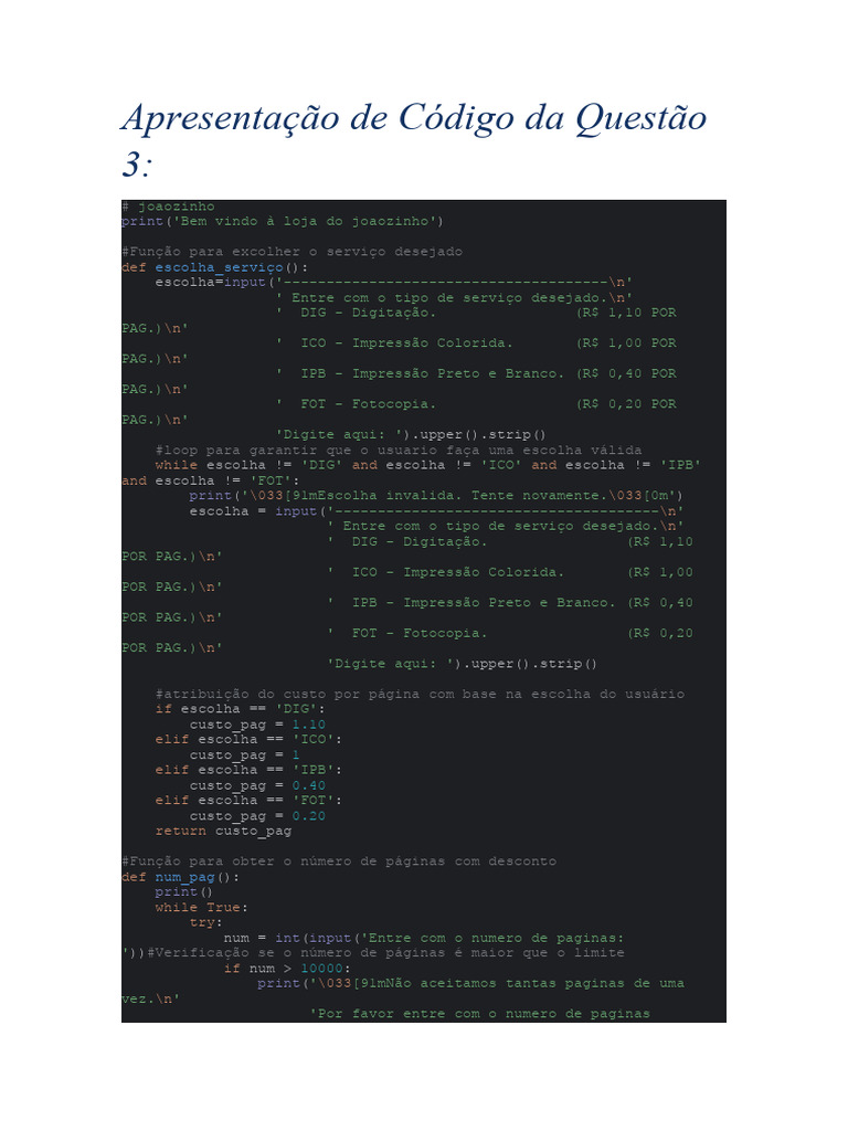 Apresentação de Código Da Questão 3 | PDF | Programação de computadores