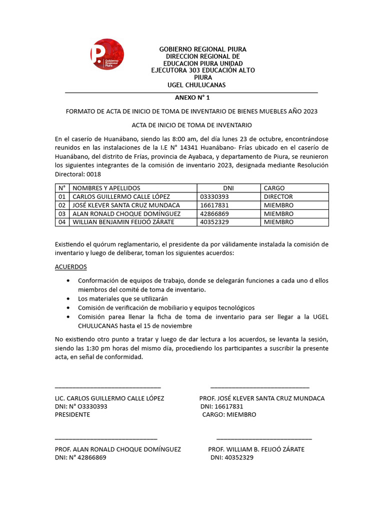 Anexo 01 Acta de Inicio de Inventario-1 | Descargar gratis PDF | Gobierno