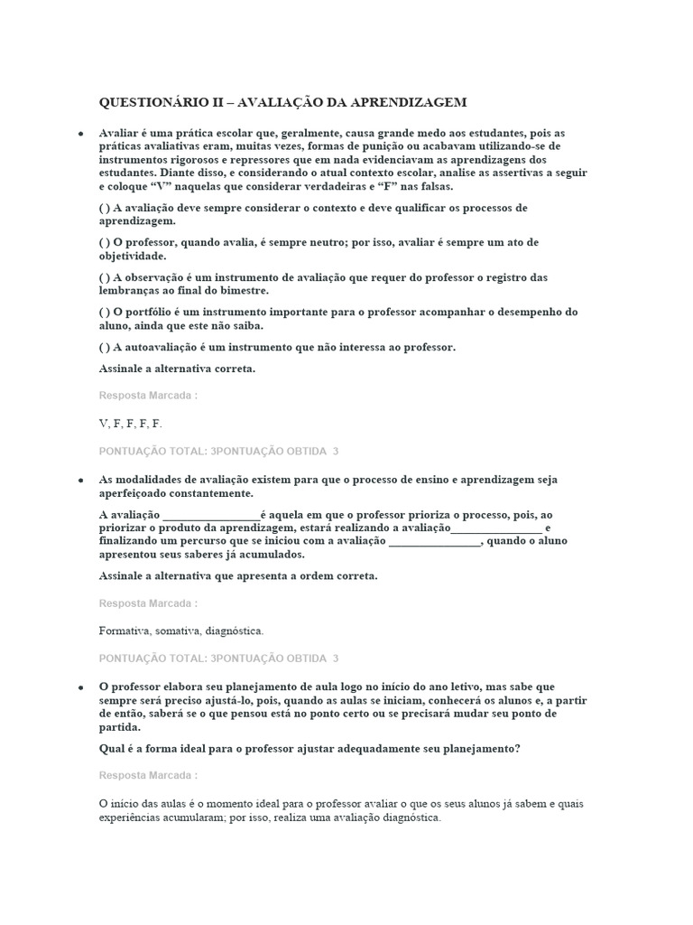 Questionário II: Avaliação da Aprendizagem | PDF | Aprendizado ...