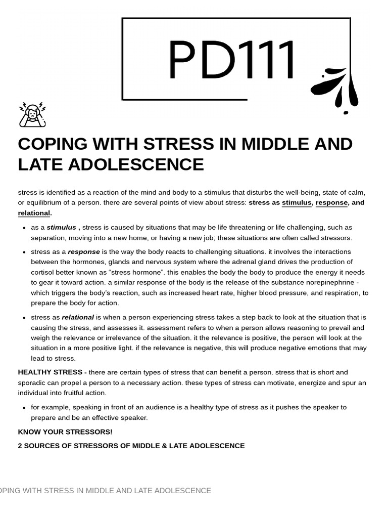 Coping With Stress in Middle and Late Adolescence | PDF | Stress ...