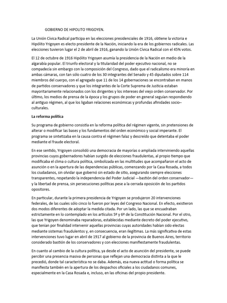 Gobierno De Hipolito Yrigoyen Pdf