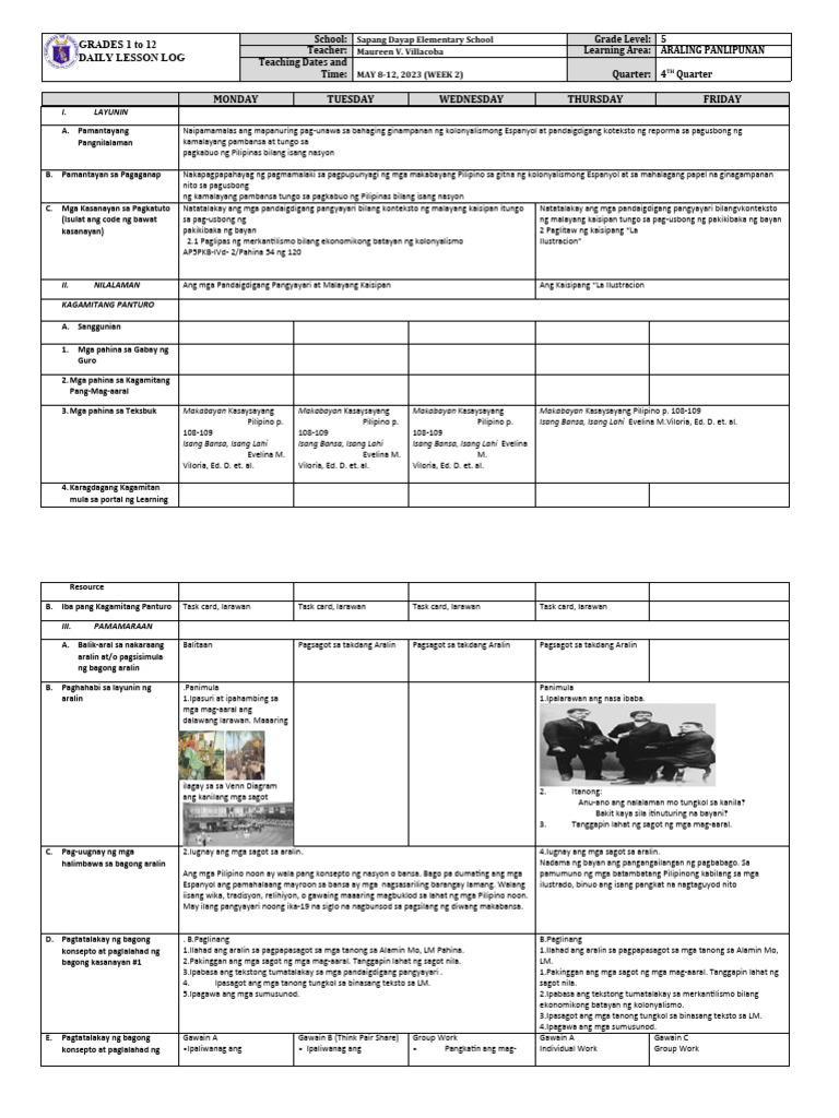 Grade 5 DLL Araling Panlipunan 5 Q4 Week 2 Ok | PDF