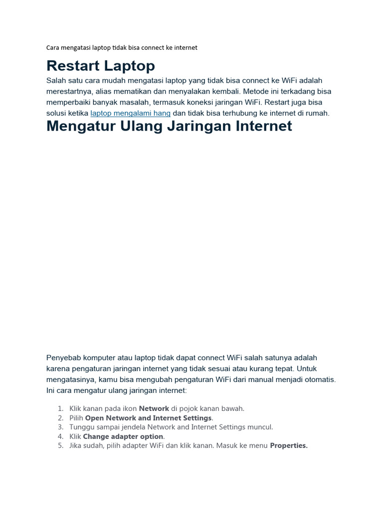 Cara Mengatasi Laptop Tidak Bisa Connect Ke Internet | PDF | Komputer