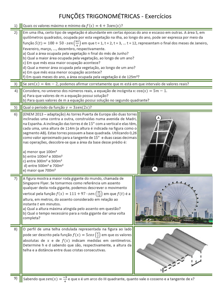 Exercícios sobre Funções Trigonométricas | PDF | Maré | Função (Matemática)