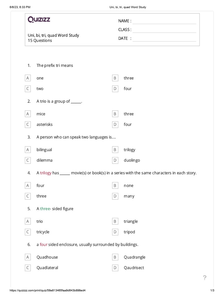 Uni, bi, tri, quad Word Study PDF