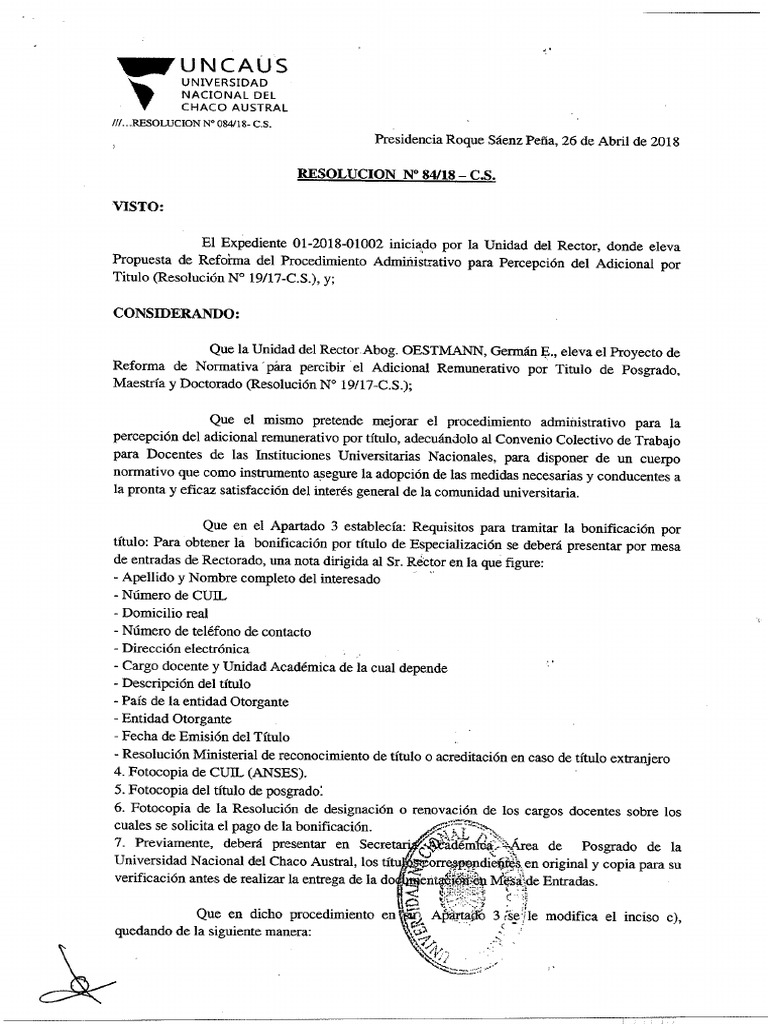 Resolucion N84-18 - CS Proced Adm para Perc Del Adic X Titulo | PDF