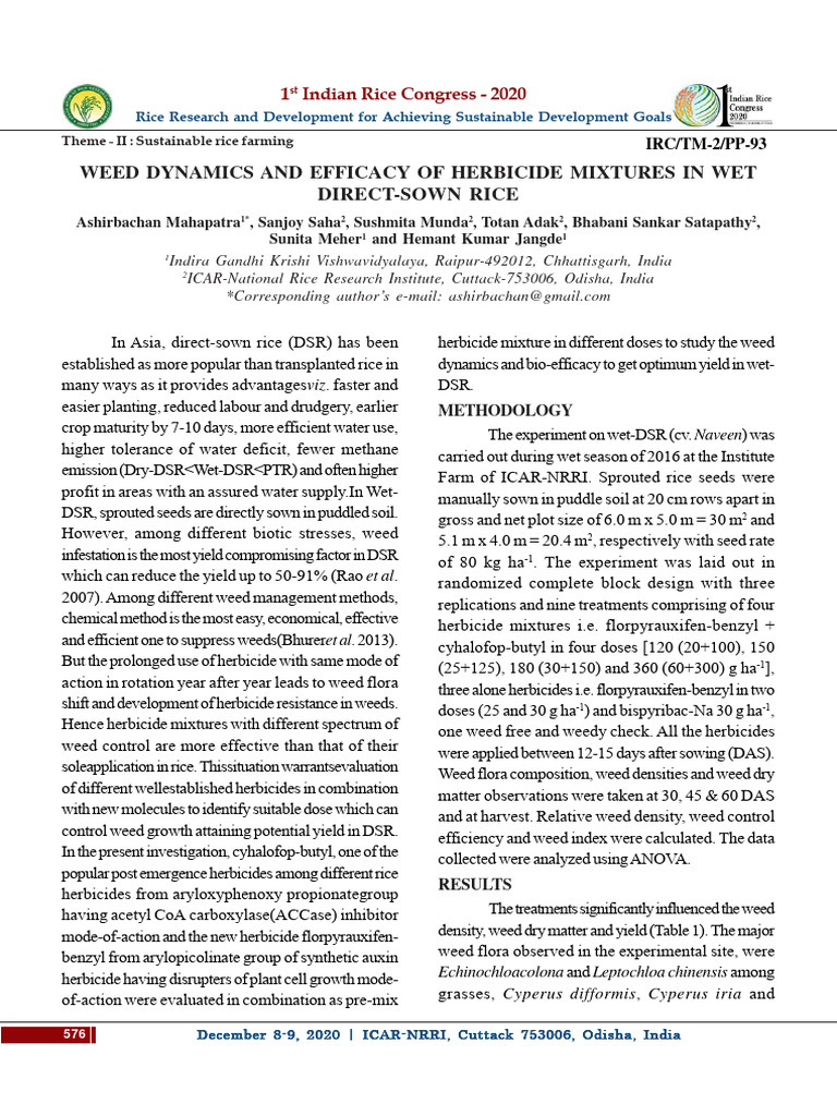 Weed Dynamics and Efficacy of Herbicide Mixtures in Wet Direct-Sown ...