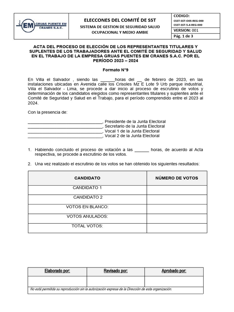Formato N9 de Acta Del Proceso de Elección de Los Representantes | PDF ...