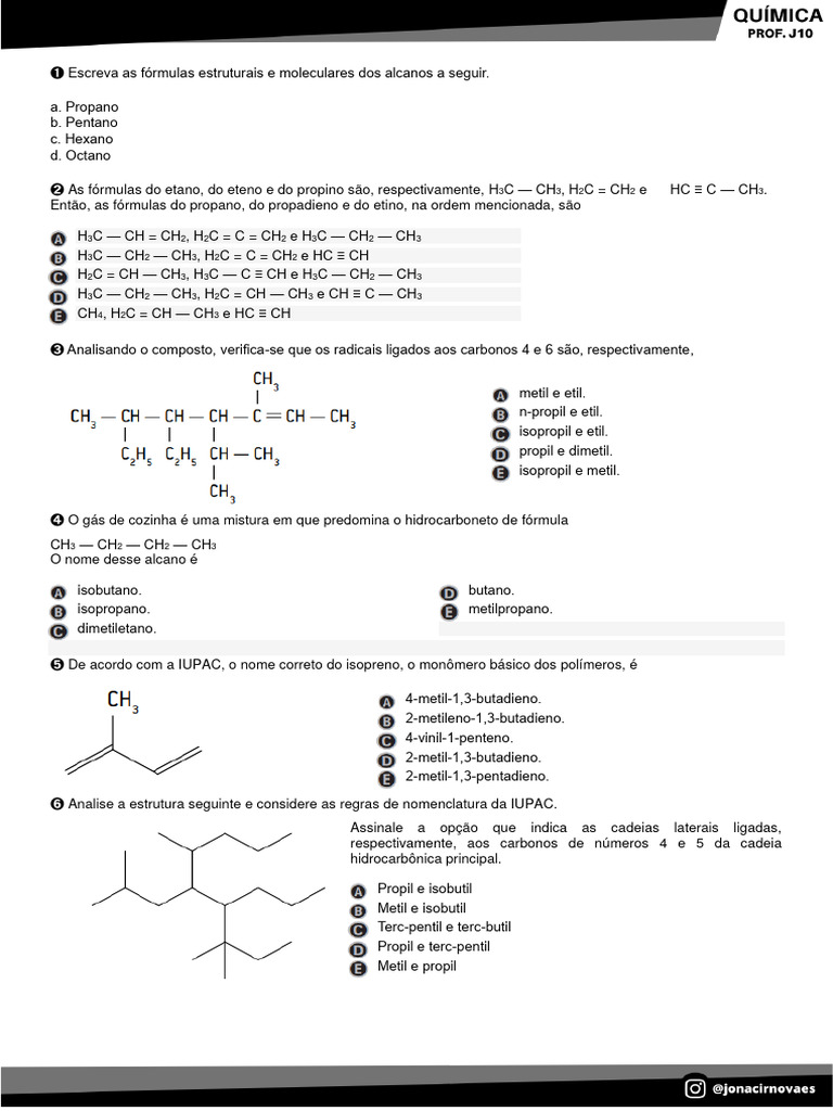 Exercícios sobre Nomenclatura de Hidrocarbonetos | PDF | Alcano ...