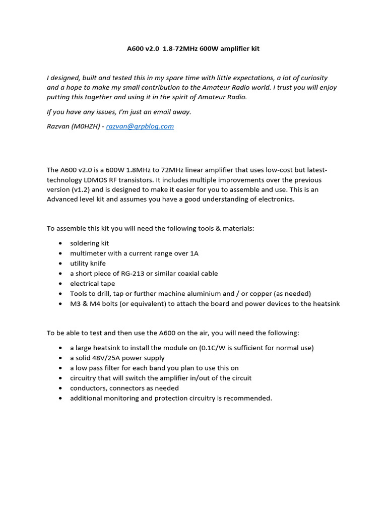 A600 v2.0 Amplifier Kit full assembly instructions PDF