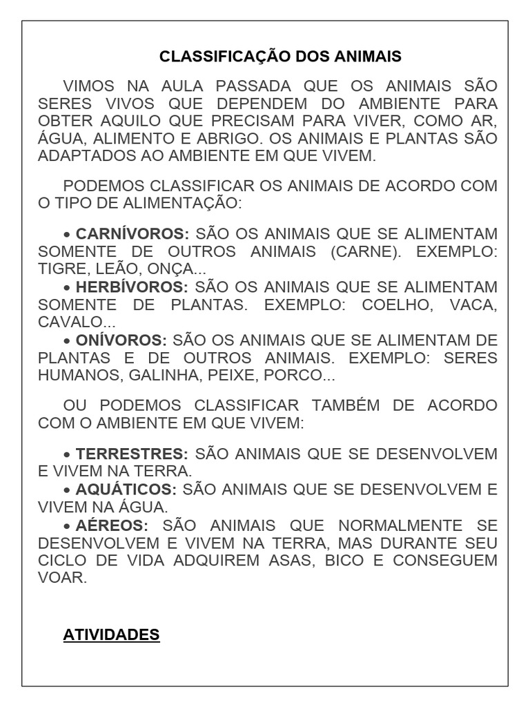 Classificação Dos Animais | PDF | Ciências e Matemática