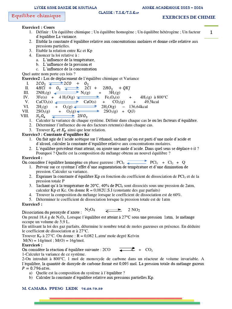Variance et constantes d'équilibre chimique | PDF | Équilibre chimique ...
