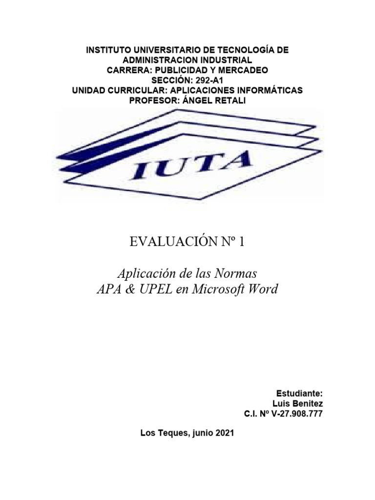 Primera Evaluación - Aplicación de Las Normas APA & UPEL en MS Word ...