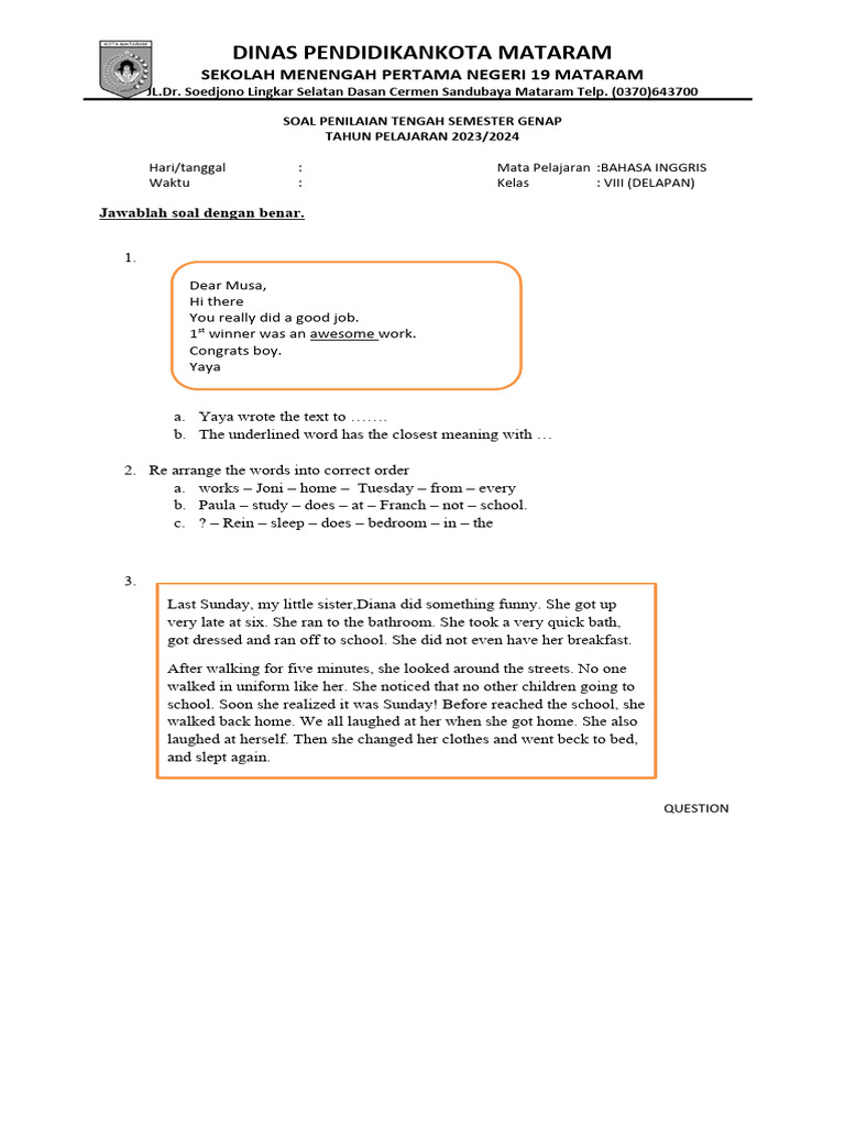 Bahasa Inggris Semester Genap 2023 2024 Pdf