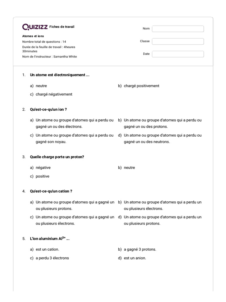 Exercices sur Atomes et Ions 3ème | PDF | Ion | Atomes