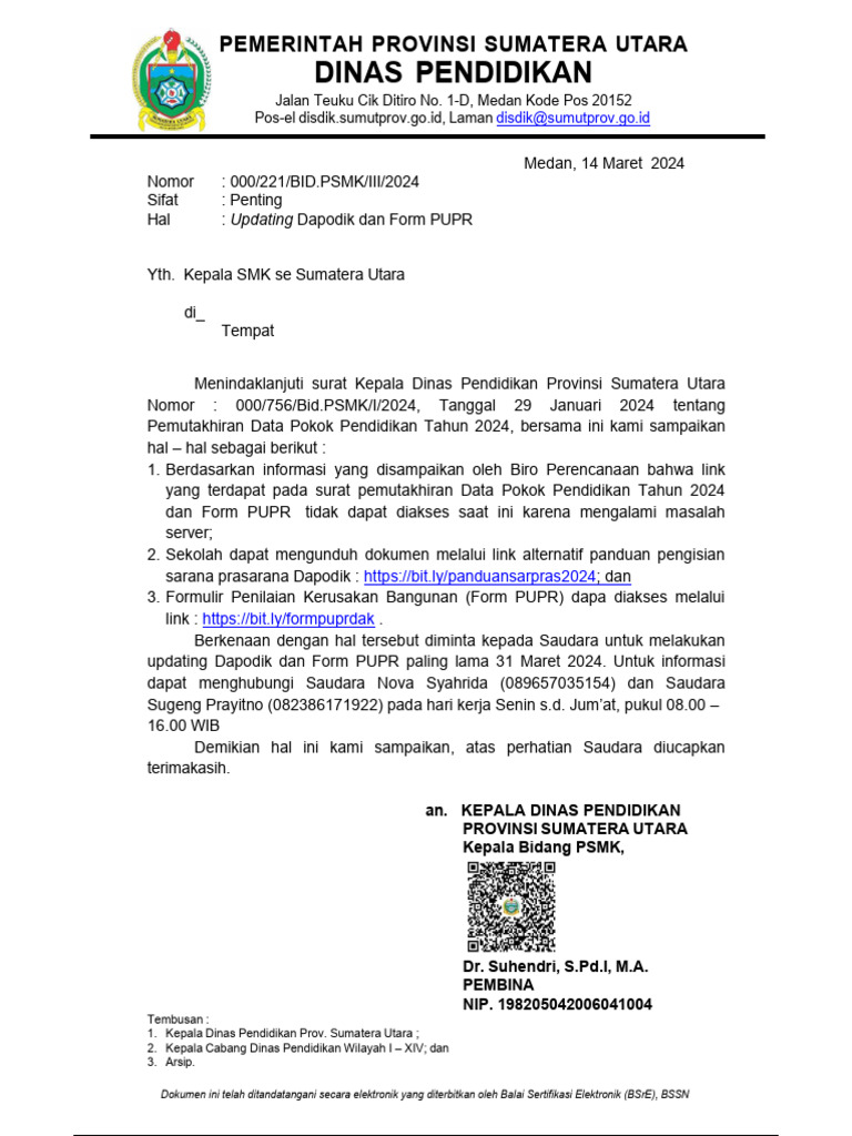 Surat pemutakhiran dapodik dan form pupr 2024 pdf