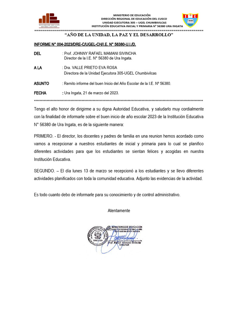 Informe de Buen Inicio Del Año Escolar 2023 | PDF