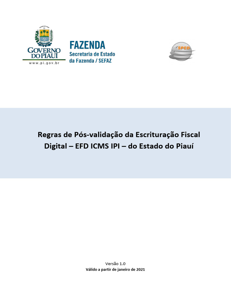 Regras_de_Pos_validacao_da_EFD_ICMS_IPI_do_Estado_do_Piaui_v1.0 | PDF ...