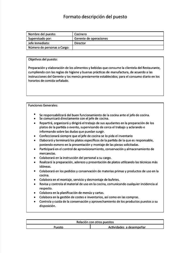 PDF Perfil de Puesto Cocinero - Compress | PDF