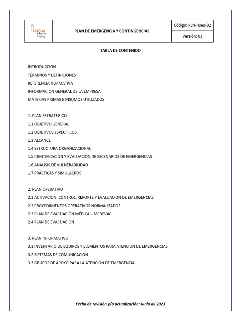 Plan de Emergencia y Contingencias 2023 | PDF | Simulación | Seguridad ...