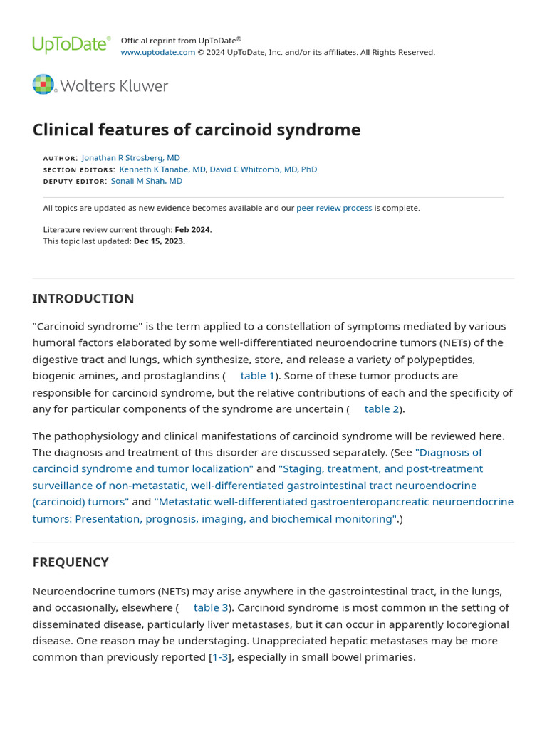 Clinical Features of Carcinoid Syndrome - UpToDate | PDF