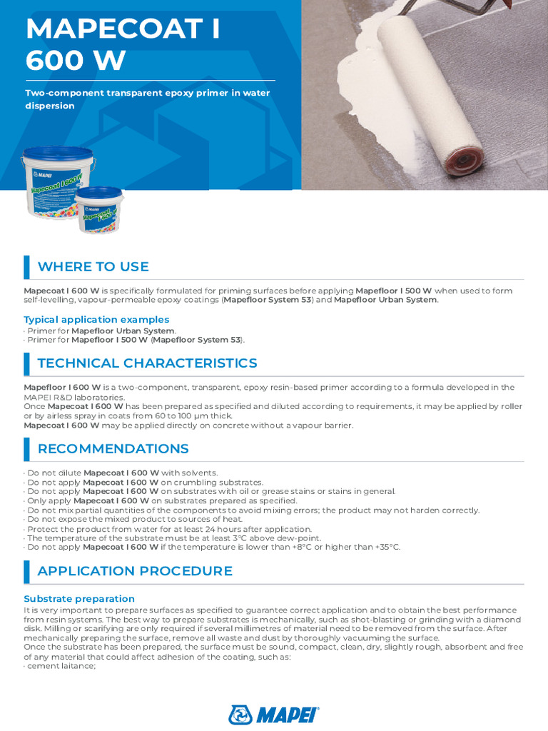 Mapecoat I 600 W Primer Application Guide | PDF | Epoxy | Viscosity