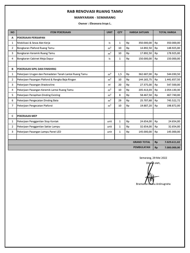 RAB Renovasi Ruang Tamu Manyaran Final | PDF